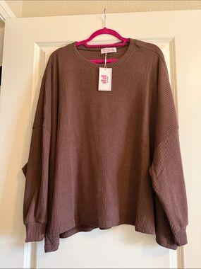 Discount Divas Relaxed Ribbed Hacci Crewneck- Brown- Relaxed Fit